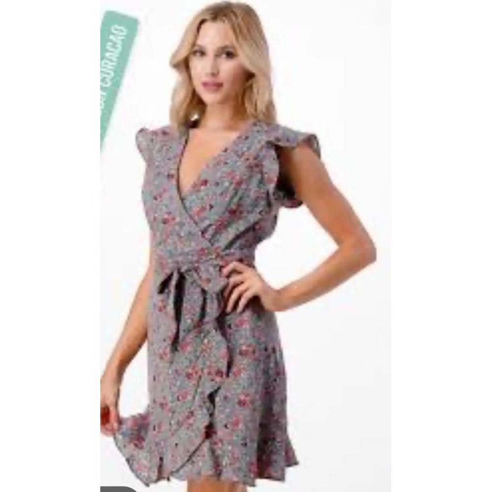 Kori America Dress Medium Blue Midi Faux Wrap Boho Floral Cottage Ruffle Tiered